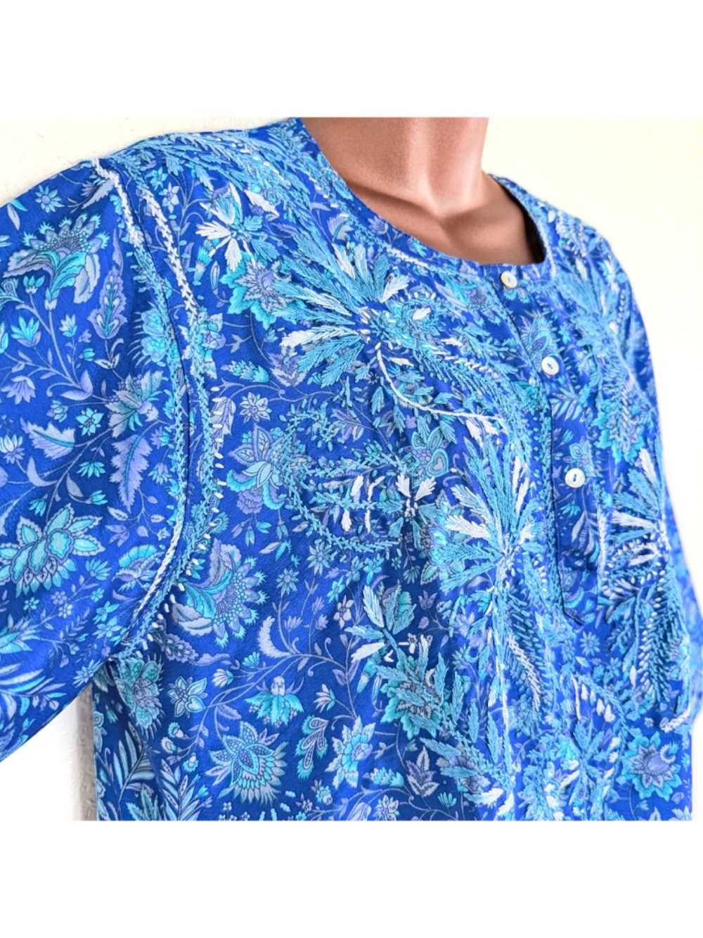 Dolma Blue 100% Silk Floral Embroidered Boho Coastal Resortwear Tunic XL - Picture 3 of 17